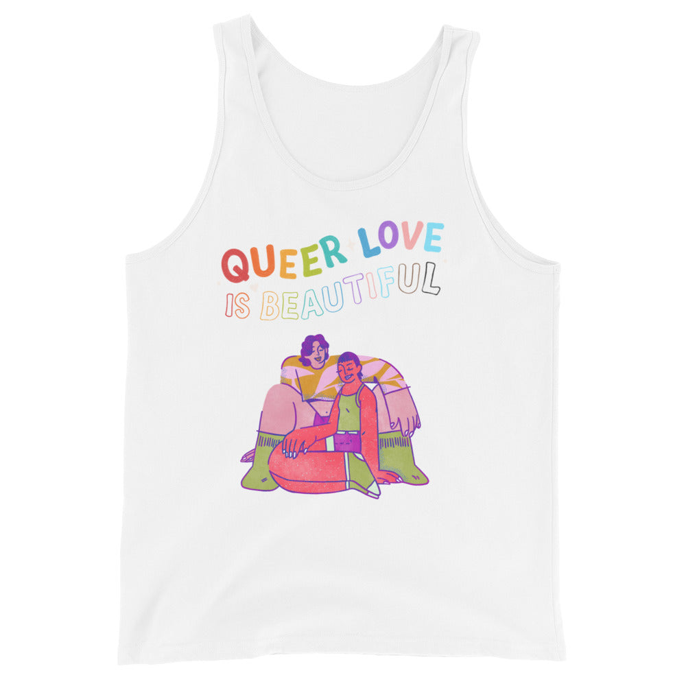 Unisex tank top showing two people in pink, purple, and green with bold rainbow text: “QUEER LOVE IS BEAUTIFUL”.