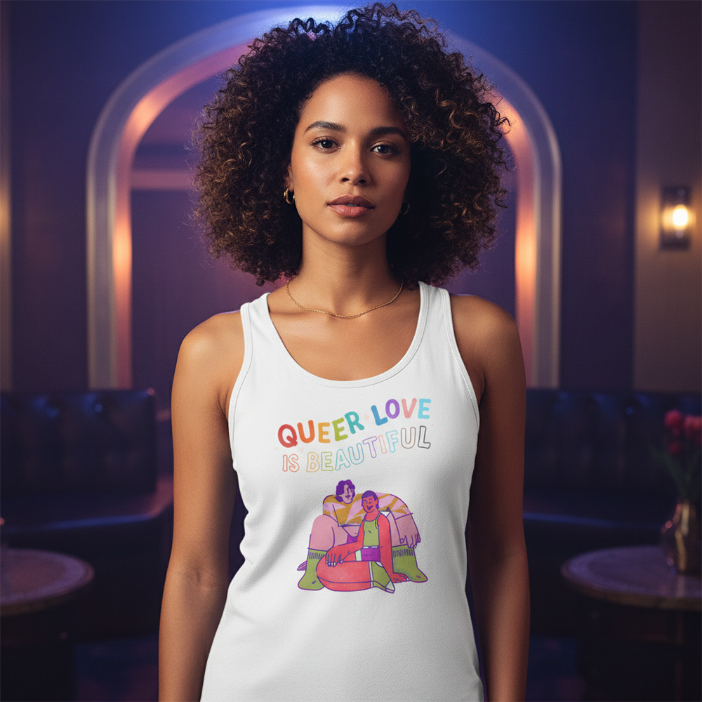 Queer Love Is Beautiful Unisex Tank Top, bold queer fashion, worn by a confident woman with curly hair in a dimly lit lounge.