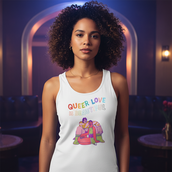 Queer Love Is Beautiful Unisex Tank Top, bold queer fashion, worn by a confident woman with curly hair in a dimly lit lounge.