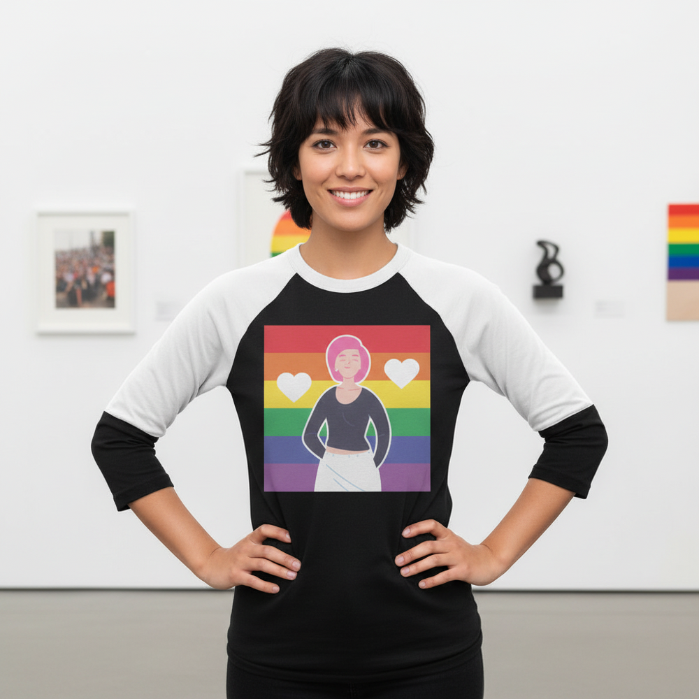 3/4 sleeve raglan tee reads “Queer Love Is Love Is Love,” with a person in a headscarf, two hearts, rainbow flag