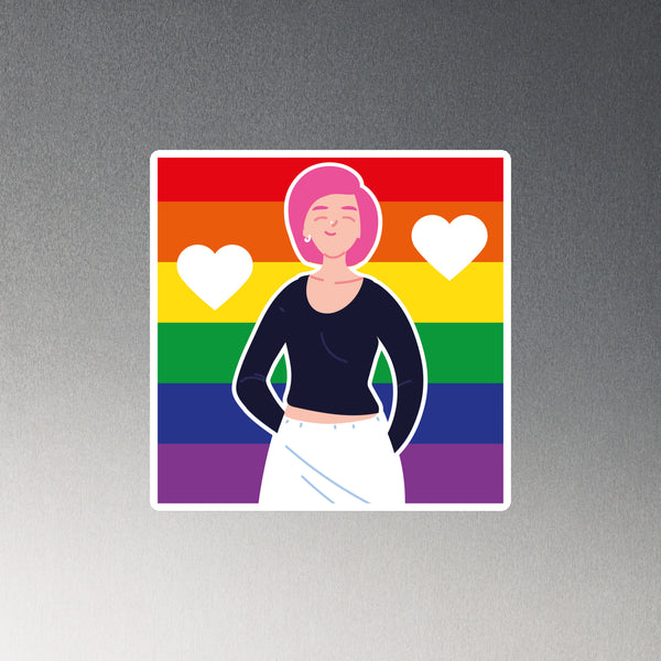 Love Is Love Is Love Magnet: person with pink hair, dark top, rainbow Pride flag, two white hearts