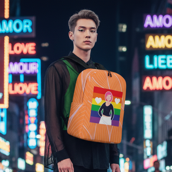 Orange backpack with rainbow figure graphic, worn by a person in a neon-lit city