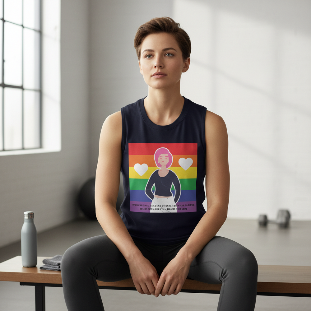 Love Is Love Is Love muscle top with rainbow flag graphic on short-haired person, gym bench, and pride vibes in sunny