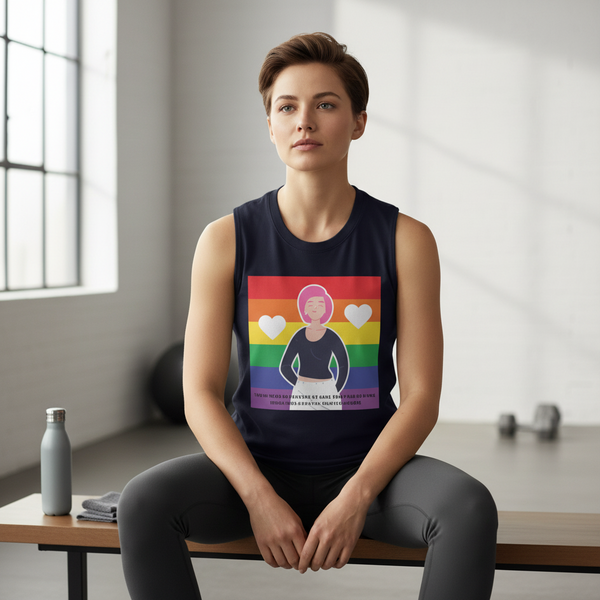 Love Is Love Is Love muscle top with rainbow flag graphic on short-haired person, gym bench, and pride vibes in sunny