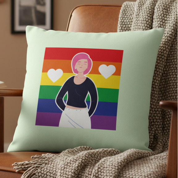 Light green "Love Is Love Is Love" pillow with a pink-haired person, rainbow pride flag