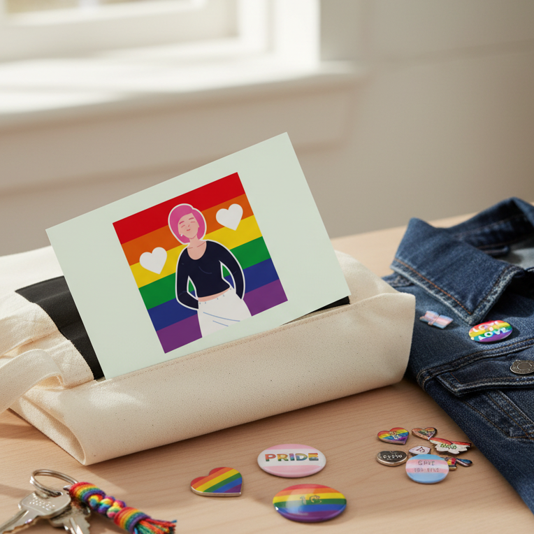 Queer "Love Is Love Is Love" postcard with a person before a rainbow Pride flag, on a tote with Pride pins, badges, stickers