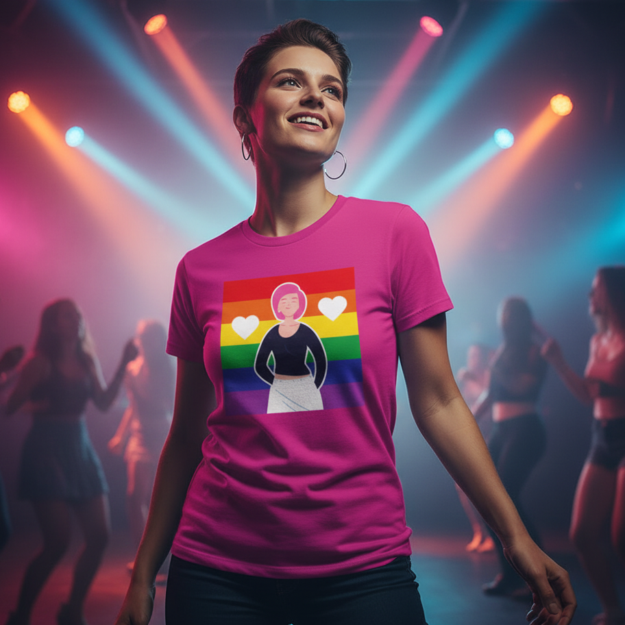Bright pink unisex Queer Love Is Love Is Love pride tee with rainbow flag, cartoon person
