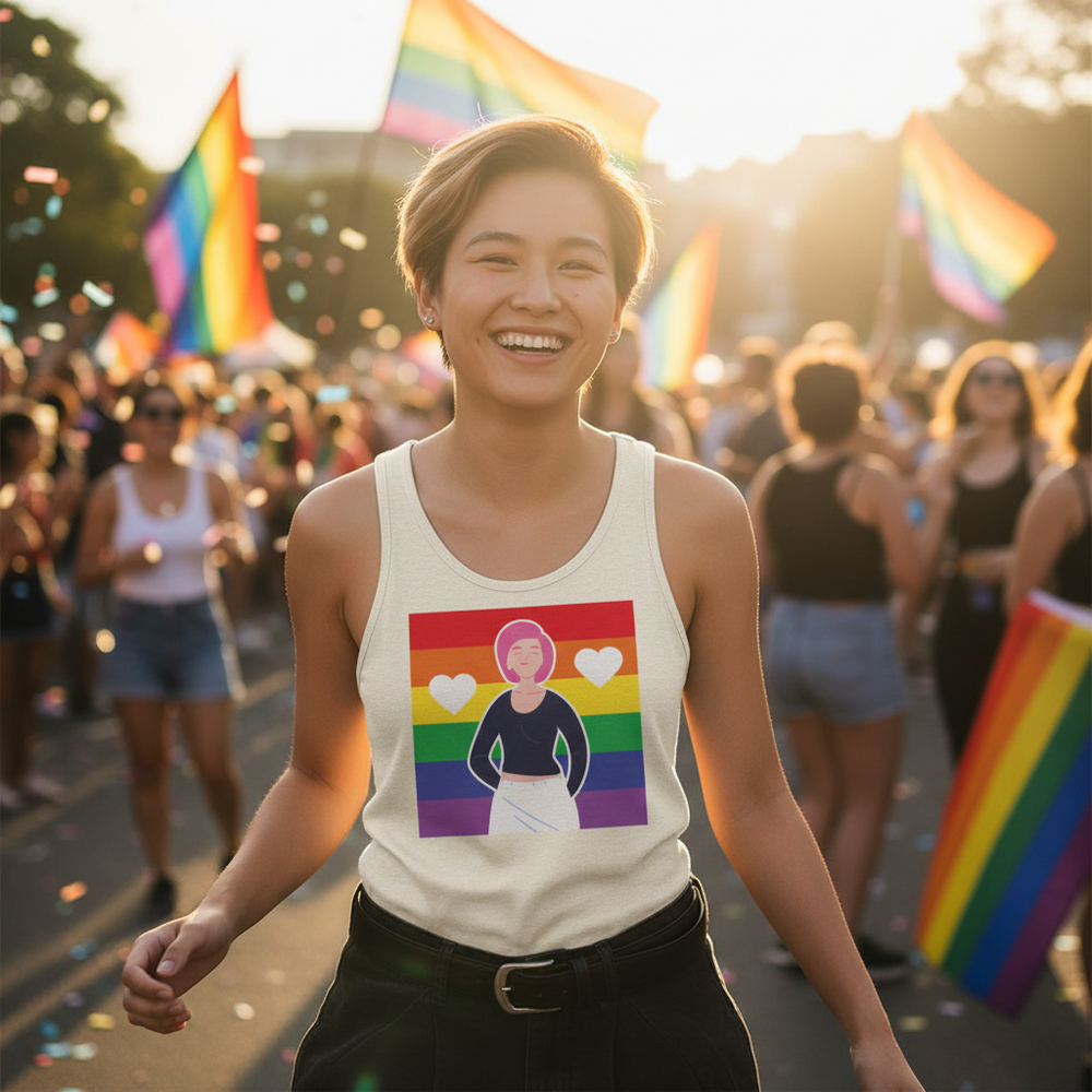 Queer Love Is Love Is Love Unisex Tank Top with rainbow flag and cartoon figure, worn at a sunny Pride parade