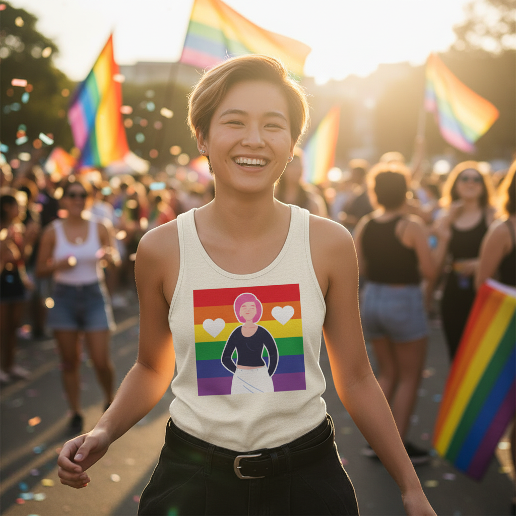 Queer Love Is Love Is Love Unisex Tank Top with rainbow flag and cartoon figure, worn at a sunny Pride parade