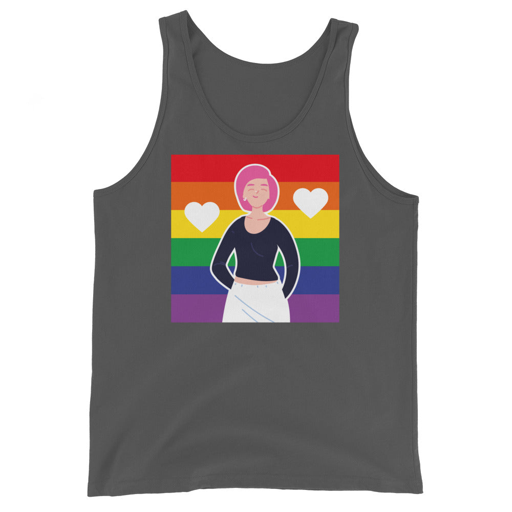 Front view of a dark gray tank top with a rainbow-striped figure and hearts graphic