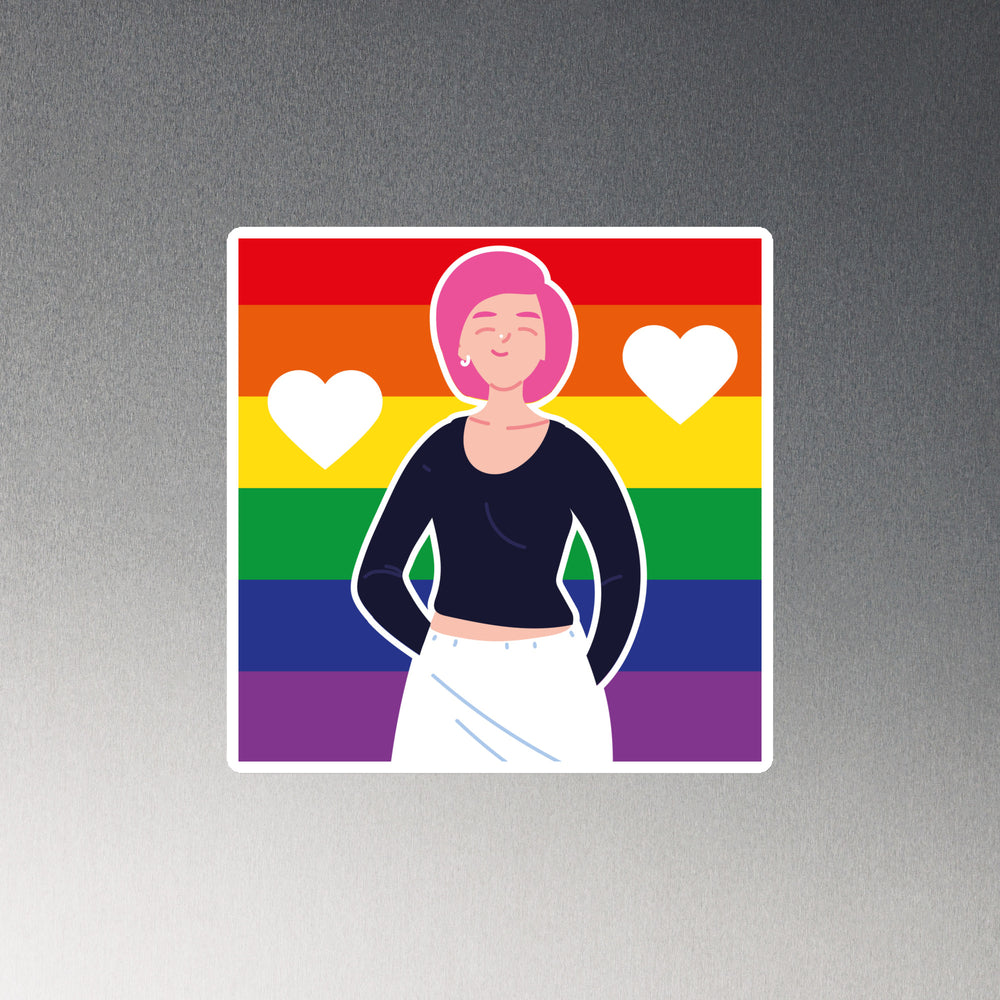 Love Is Love Is Love Magnet: person with pink hair, dark top, rainbow Pride flag, two white hearts