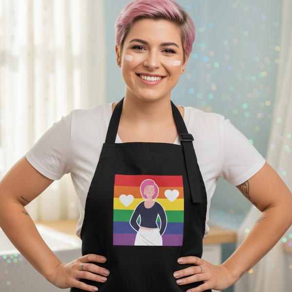 Person with short pink hair wears a black apron with rainbow stripes, hearts, and a figure