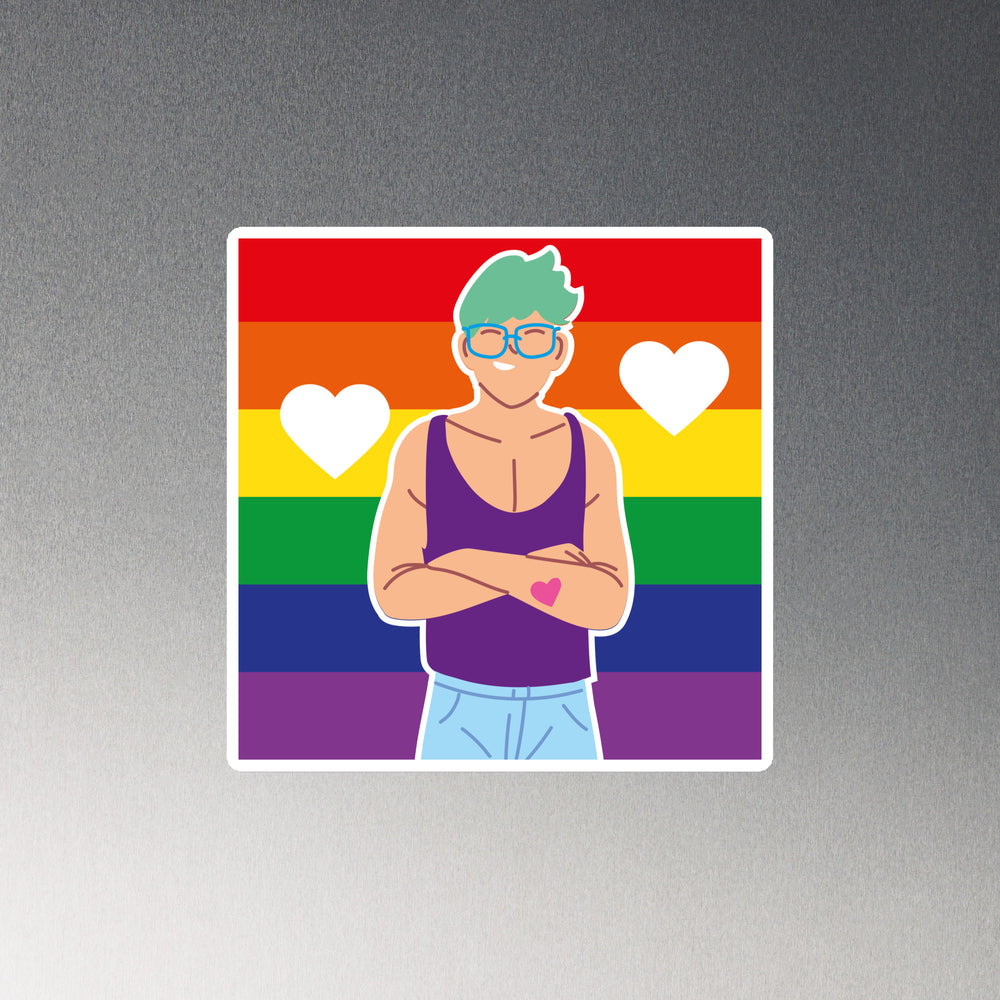 Square magnet with illustrated person in glasses and purple tank top against rainbow stripes