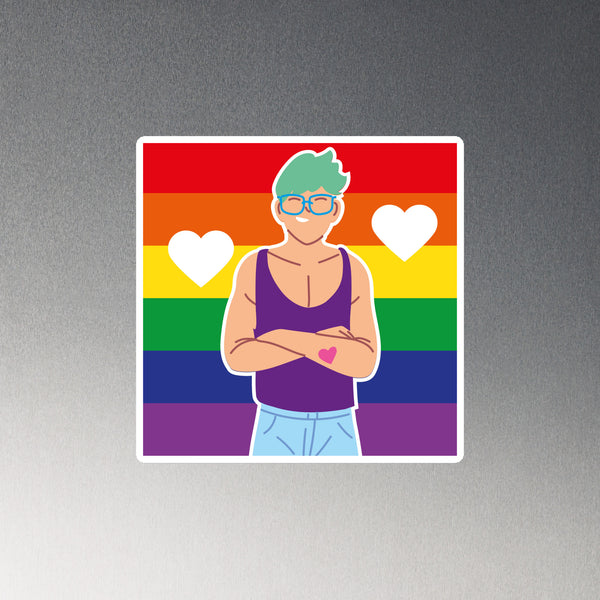 Square magnet with illustrated person in glasses and purple tank top against rainbow stripes