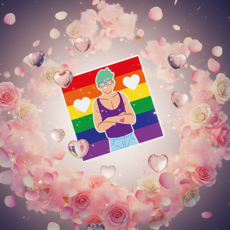 Illustrated queer love magnet with a teal-haired figure over rainbow stripes, hearts and roses