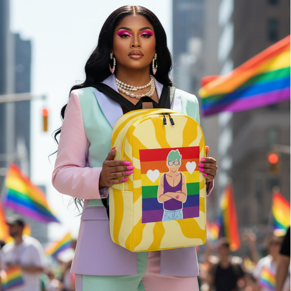 Queer Love Minimalist Backpack with cartoon figure and rainbow flag, held by person in pastel suit