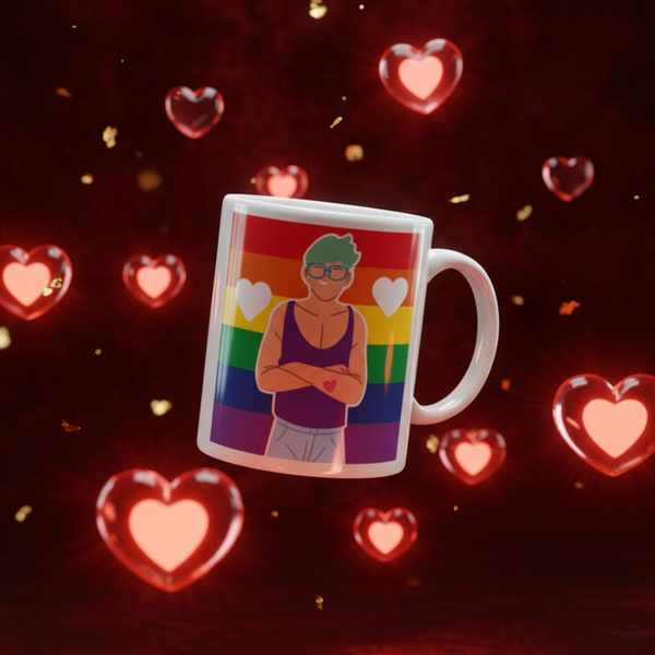 White mug with a rainbow-striped design showing a green-haired person with glasses and hearts