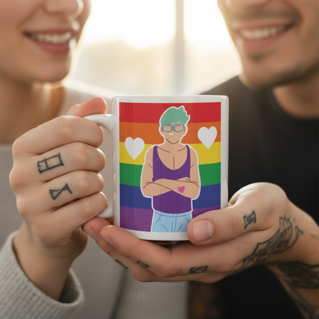 White mug with rainbow stripes and a cartoon person, held by two tattooed hands