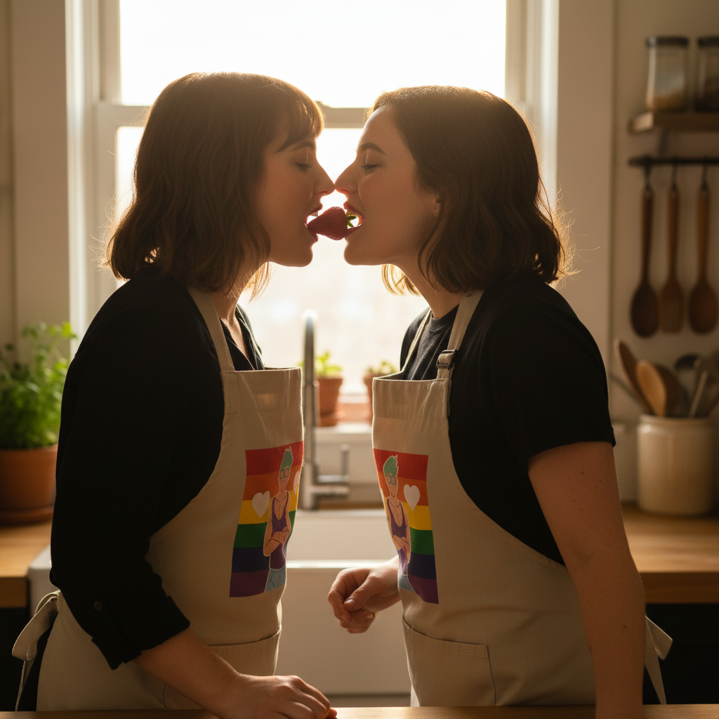 Two people in matching rainbow aprons share a strawberry in a kitchen