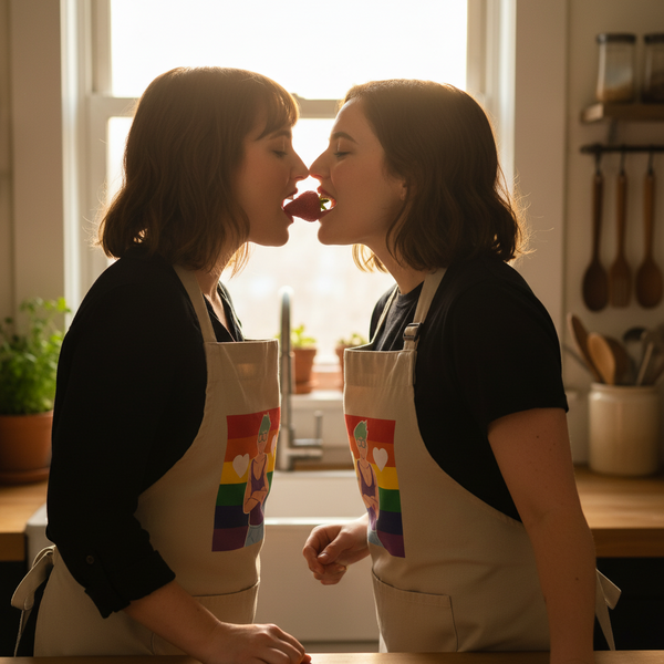 Two people in matching rainbow aprons share a strawberry in a kitchen