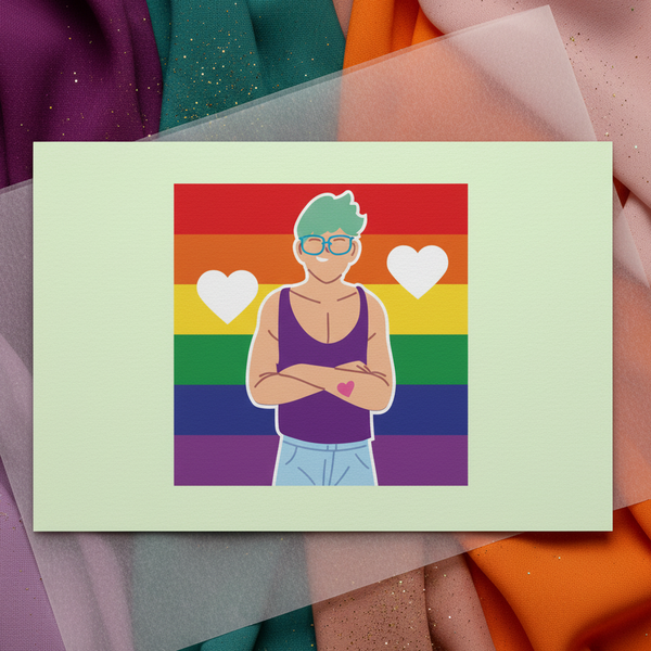 Queer Love Postcard shows a bold person with short green hair, glasses, purple tank, arms crossed