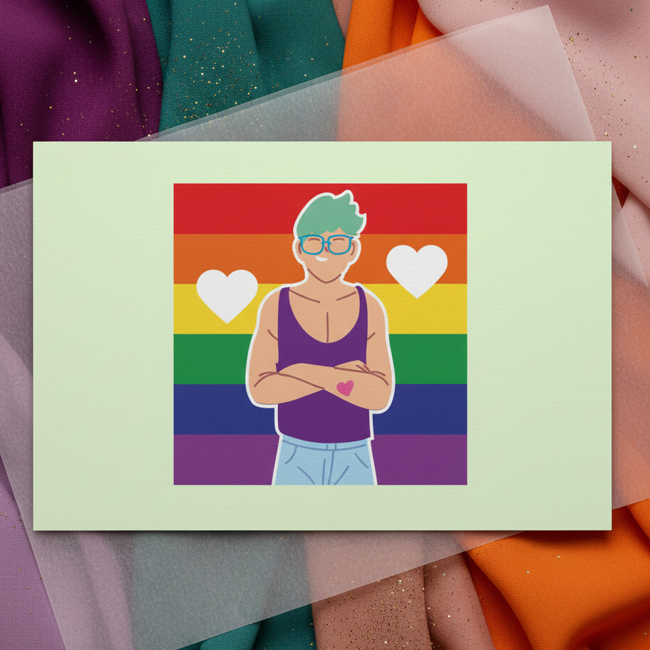 Queer Love Postcard shows a bold person with short green hair, glasses, purple tank, arms crossed