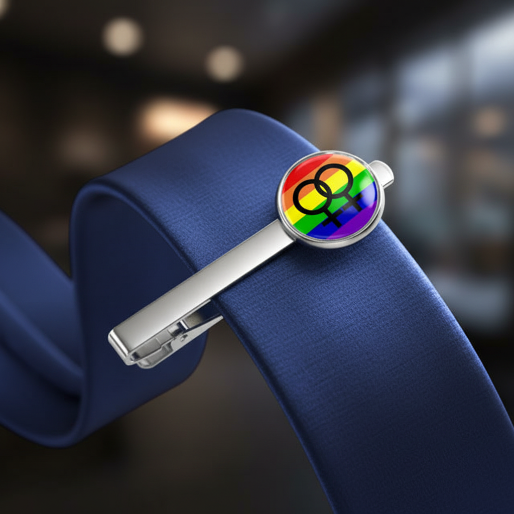 Tie clip featuring a round emblem with the rainbow pride flag and interlocked double Venus symbols