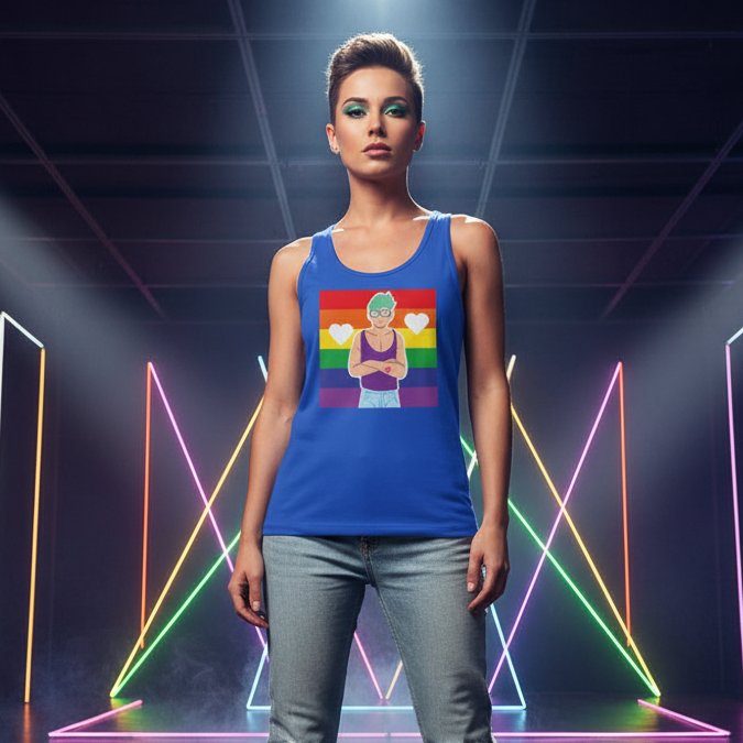 Queer Love Unisex Tank Top, cotton blend, features a rainbow flag and hearts; bold, short-haired person under neon lights