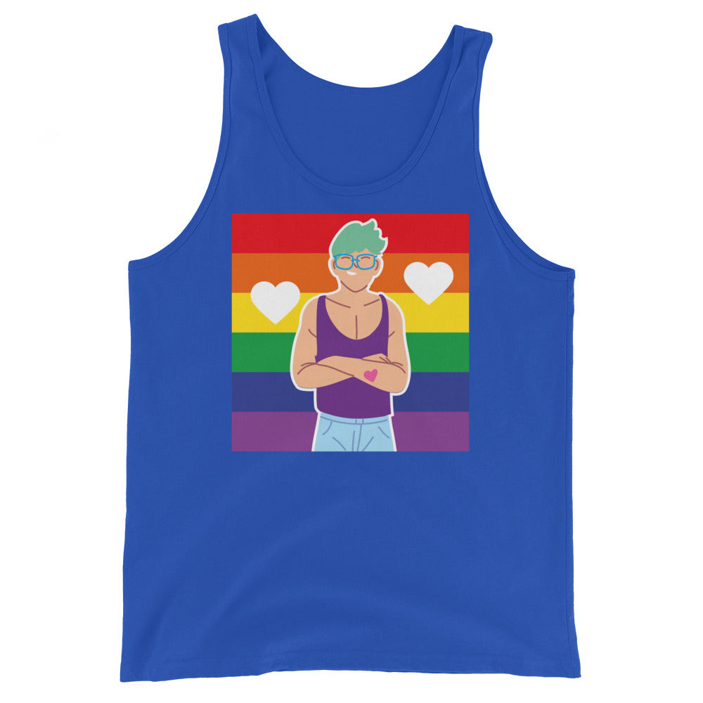 Blue tank top with a Pride rainbow graphic of an illustrated person and hearts