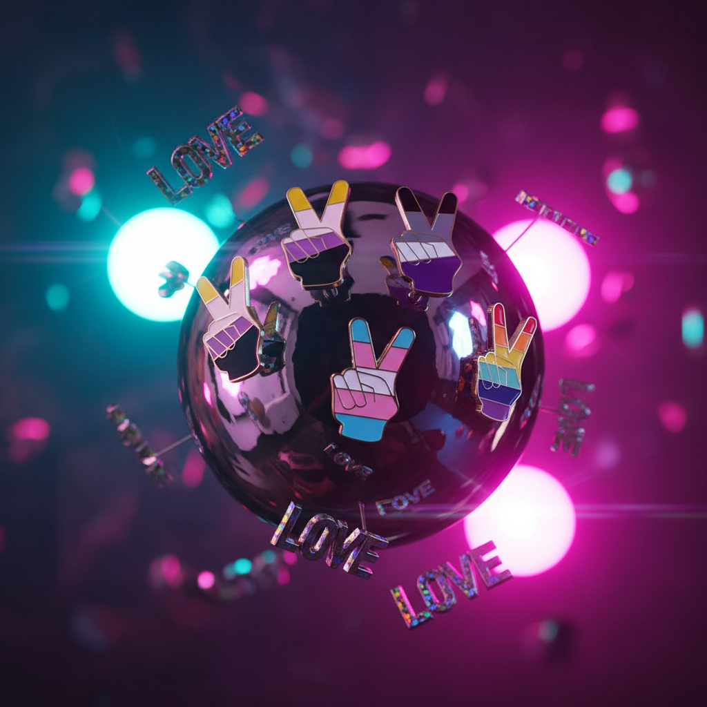 Five colorful V-sign hand enamel pins arranged on a reflective orb amid floating LOVE letters