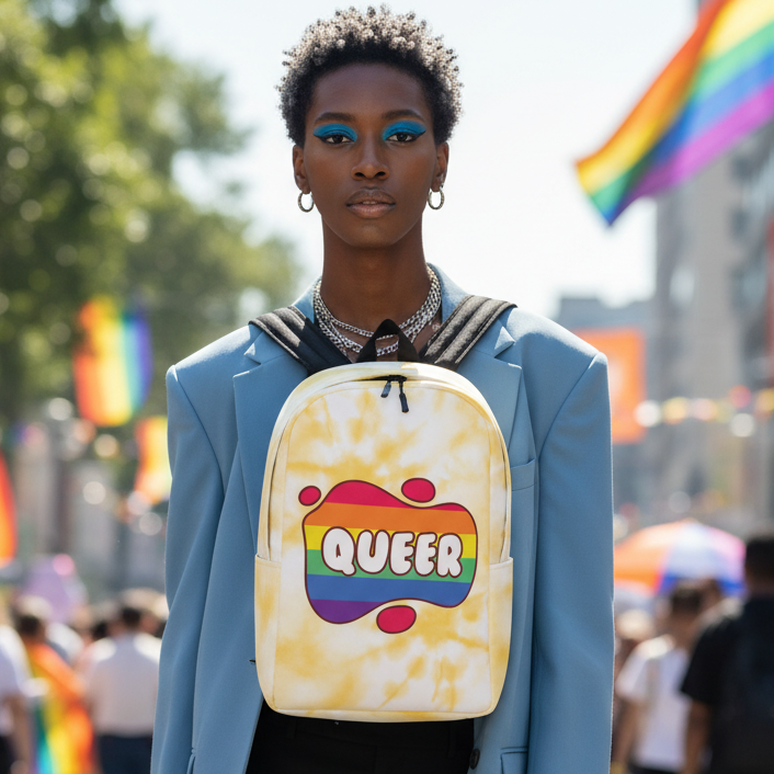 Queer Minimalist Backpack with “QUEER” in rainbow letters, carried by a short-haired babe in blue blazer at a pride parade