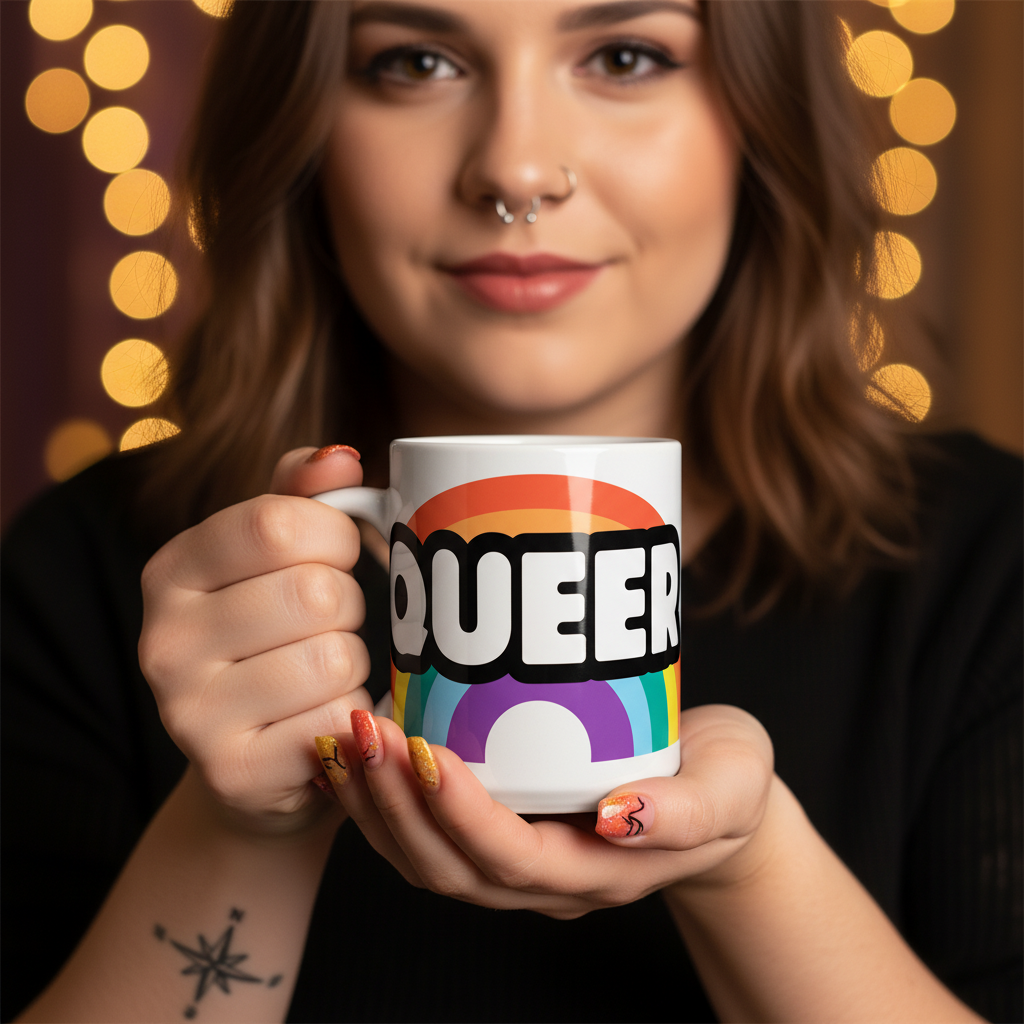 Person cradles the bold QUEER Mug with a rainbow design, showcasing pride. Their glittery nails and compass tattoo add flair