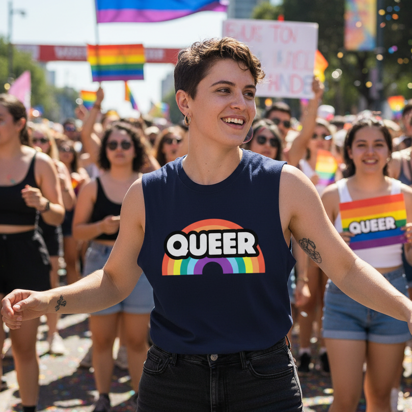 Navy unisex muscle tank with “QUEER” over a rainbow, worn by a smiling person marching at Pride