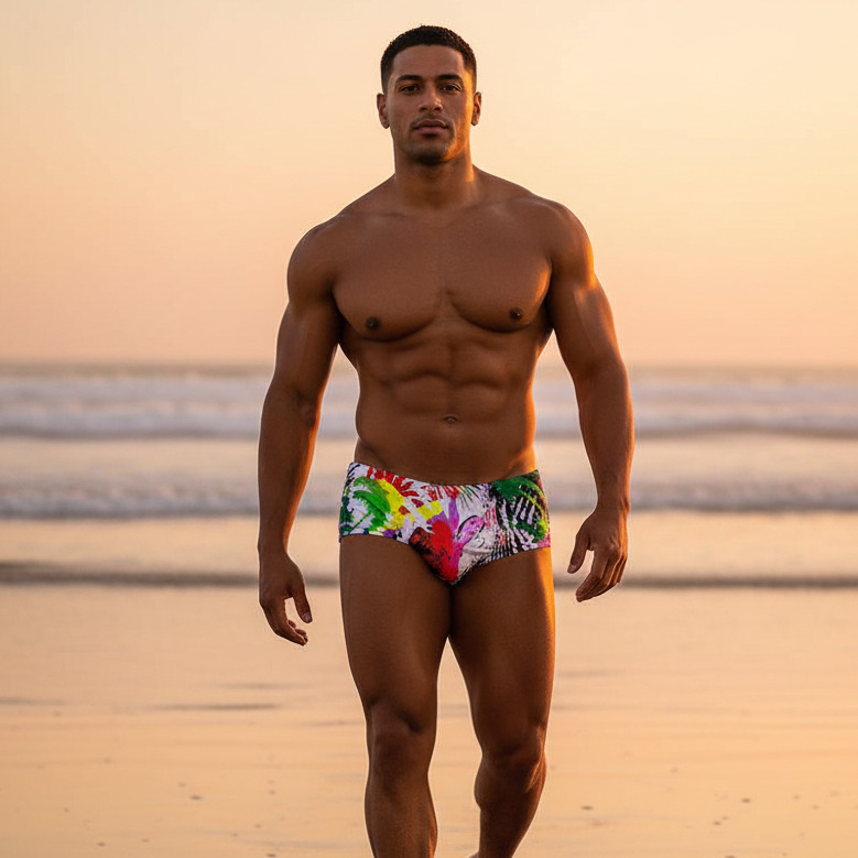 Muscular person in Queer Palm Fantasy Swim Briefs with a vibrant tropical print walks on the beach at sunset