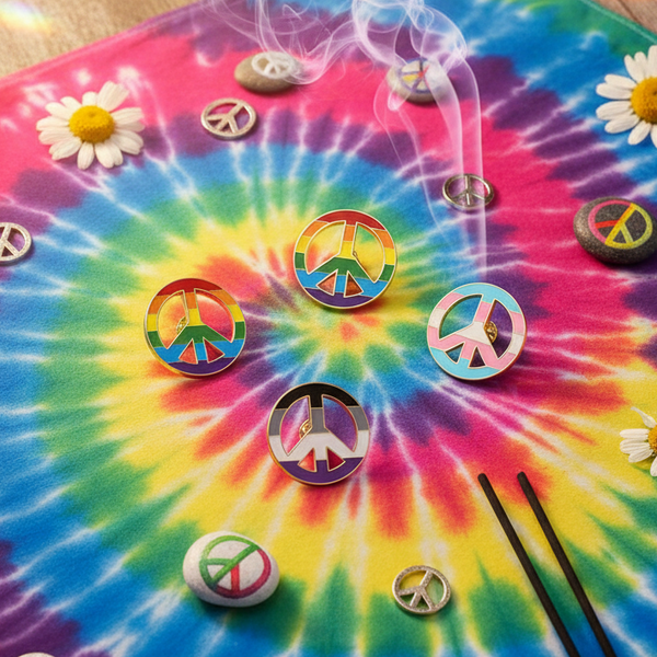 Rainbow peace-sign enamel pins scattered on tie-dye fabric with daisies and wisps of smoke