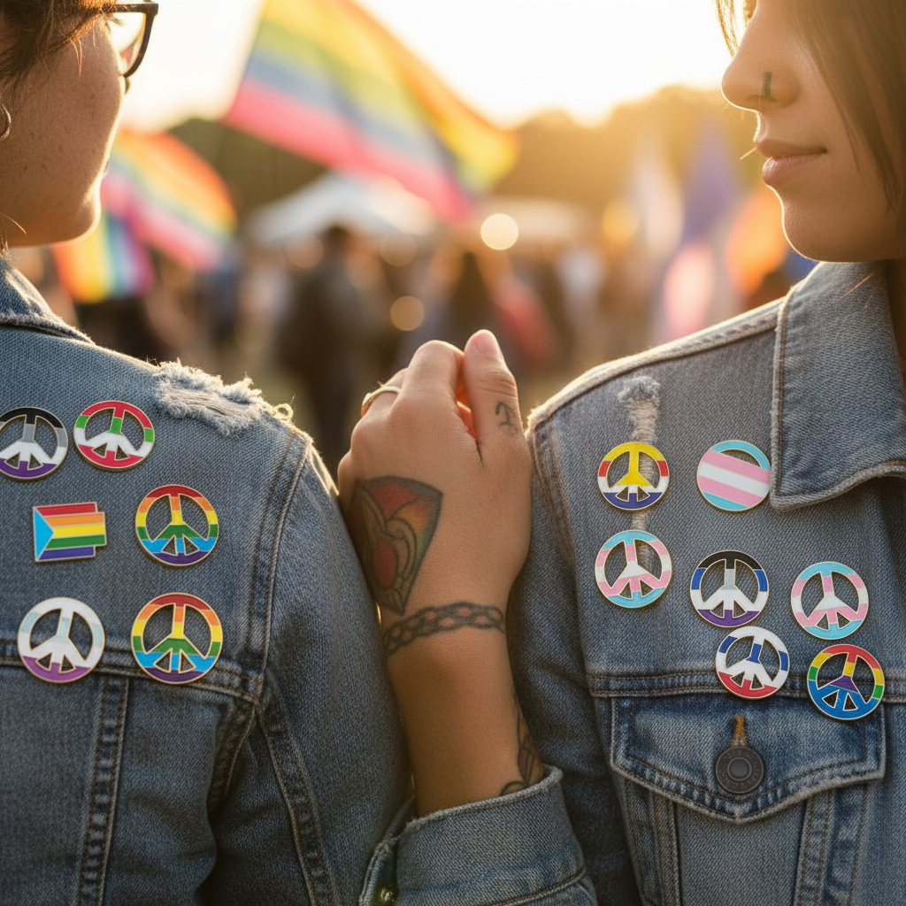 Two people in denim jackets display peace-sign and rainbow enamel pins at a Pride event
