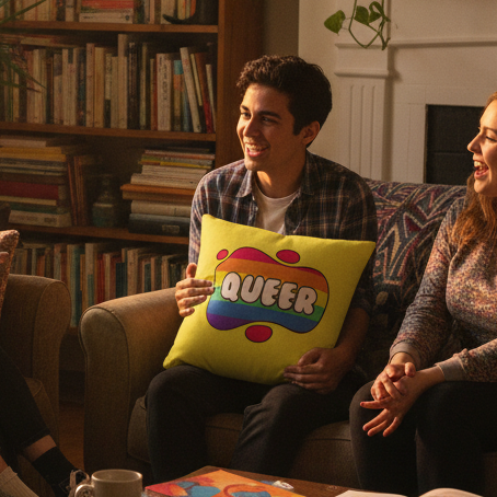 A person holds a bright yellow “QUEER” pillow with a rainbow design, smiling among friends