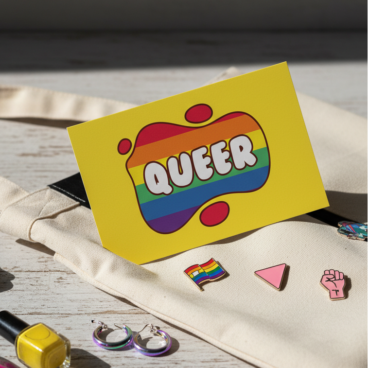 Yellow postcard reading “QUEER” over a rainbow-striped abstract shape, propped on fabric with Pride pins