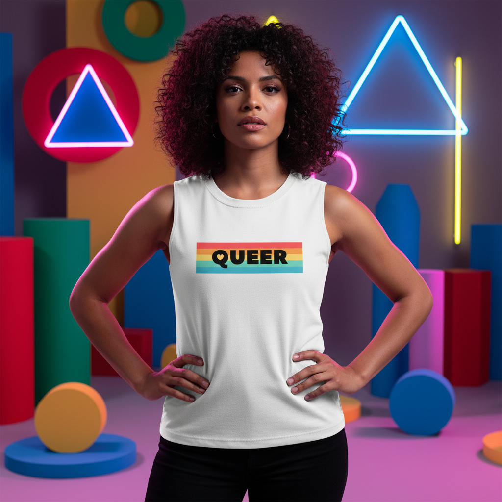 Sleeveless white Queer Muscle Top with rainbow-striped "QUEER" text, worn by a curly-haired person
