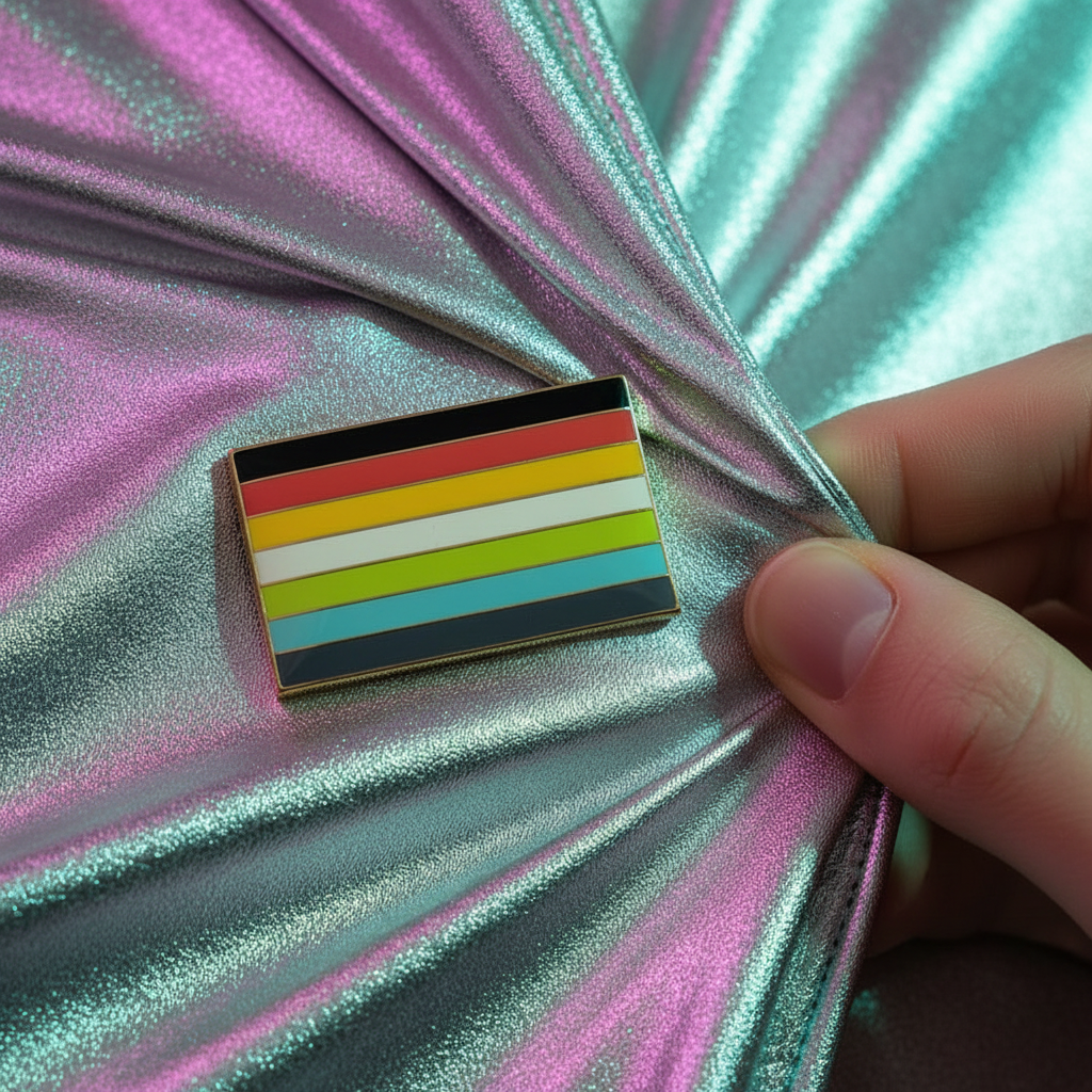 Rectangular eight-stripe pride flag enamel pin held against iridescent fabric