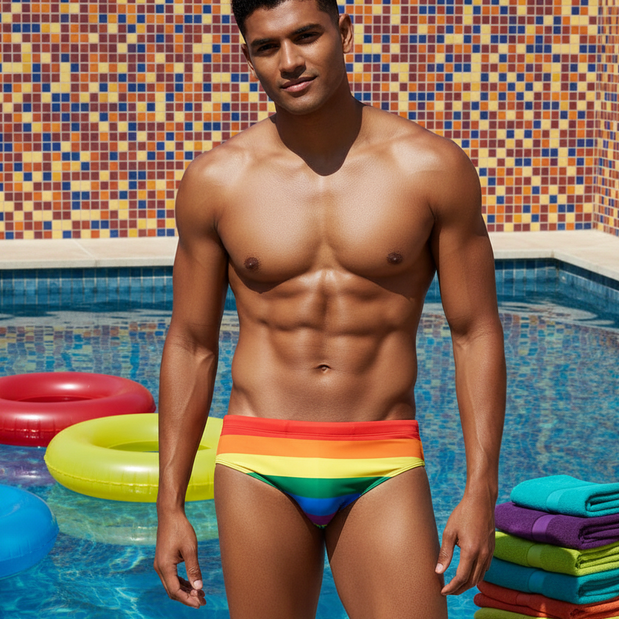 Person by a pool in rainbow-striped Queer Pride Swim Briefs, with colorful floats, towels