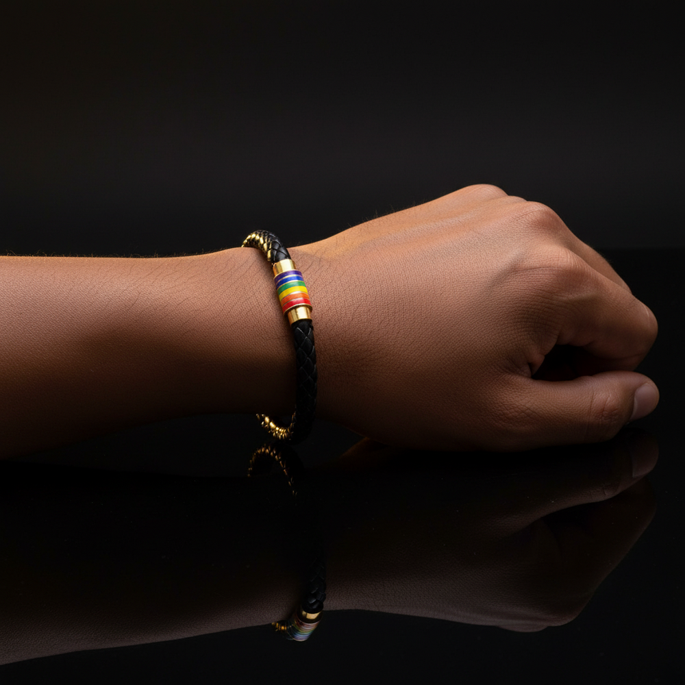 Black braided bracelet with a multicolored striped bead on a person's wrist