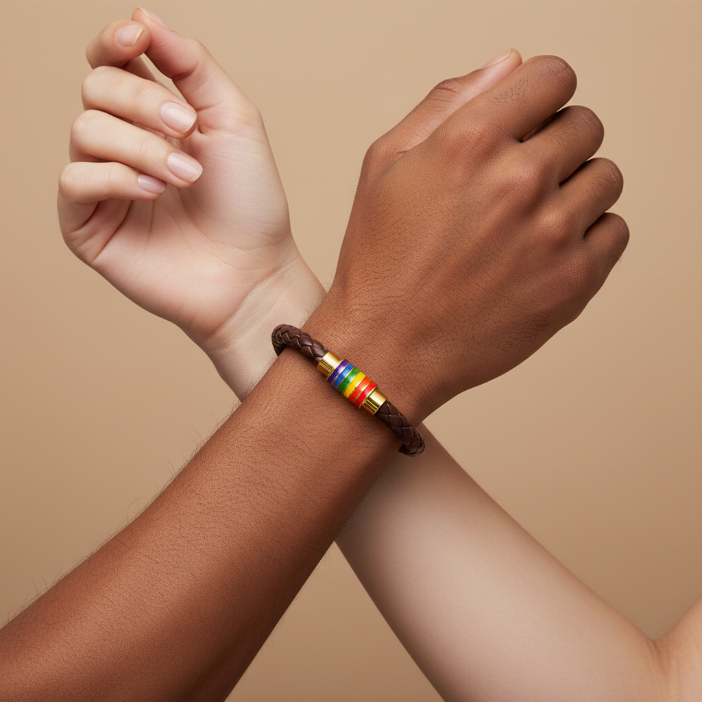 Braided brown bracelet with a rainbow-striped bead on crossed wrists