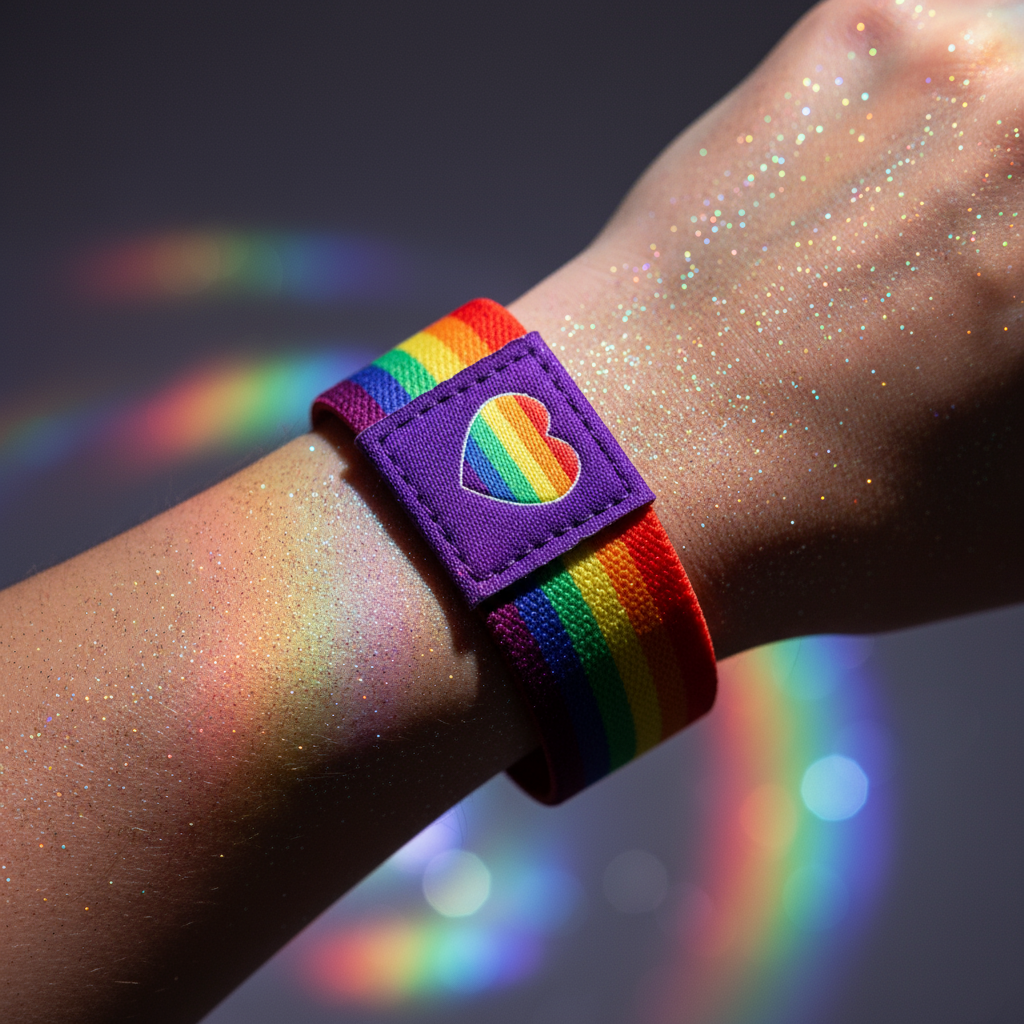 Close-up of a glitter-speckled forearm wearing a rainbow-striped wristband with a purple heart patch