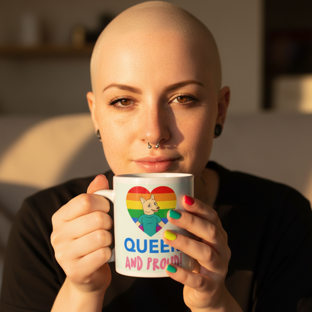 Person with multicolored nails holds a mug reading “QUEER AND PROUD,” with a rainbow heart and cartoon fox.