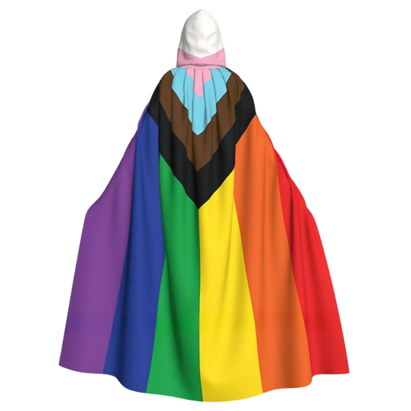 Back view of a hooded cape with rainbow Pride-colored panels and a pink-lined hood