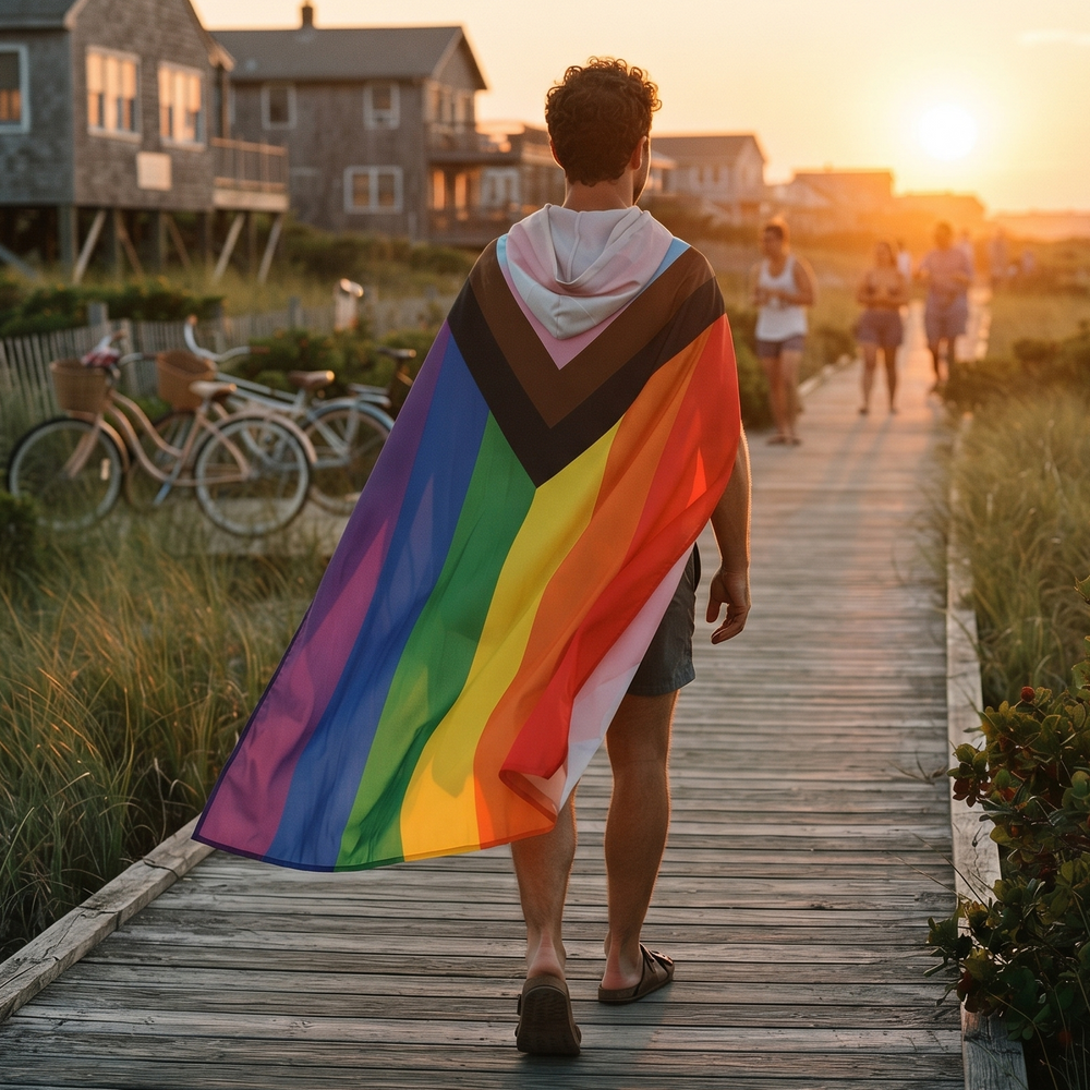 Rear view of a person wearing a rainbow-striped hooded cape on a boardwalk at sunset