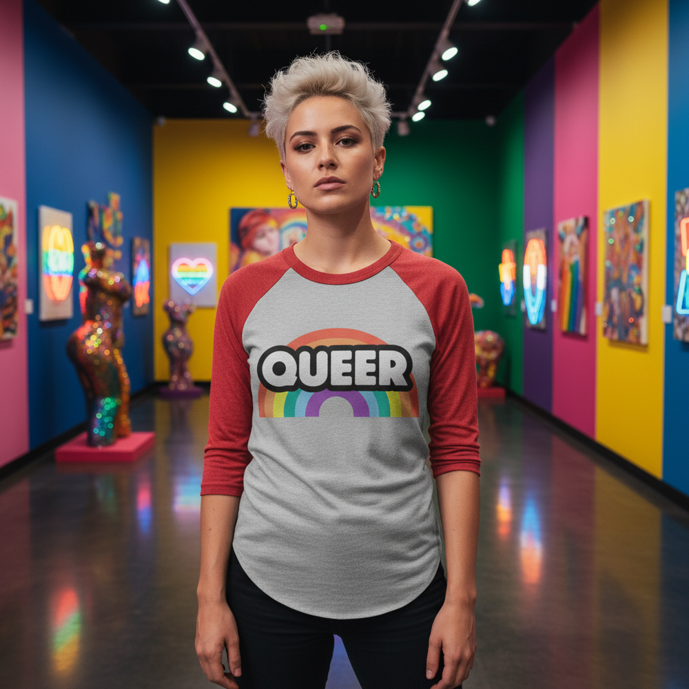 Queer Rainbow 3/4 Sleeve Raglan Shirt with bold “QUEER” text and rainbow