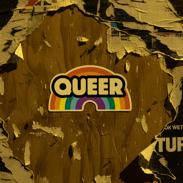 Queer Rainbow Bubble-Free Sticker in vibrant rainbow colors, high-opacity vinyl, pops on wood with torn paper, staples