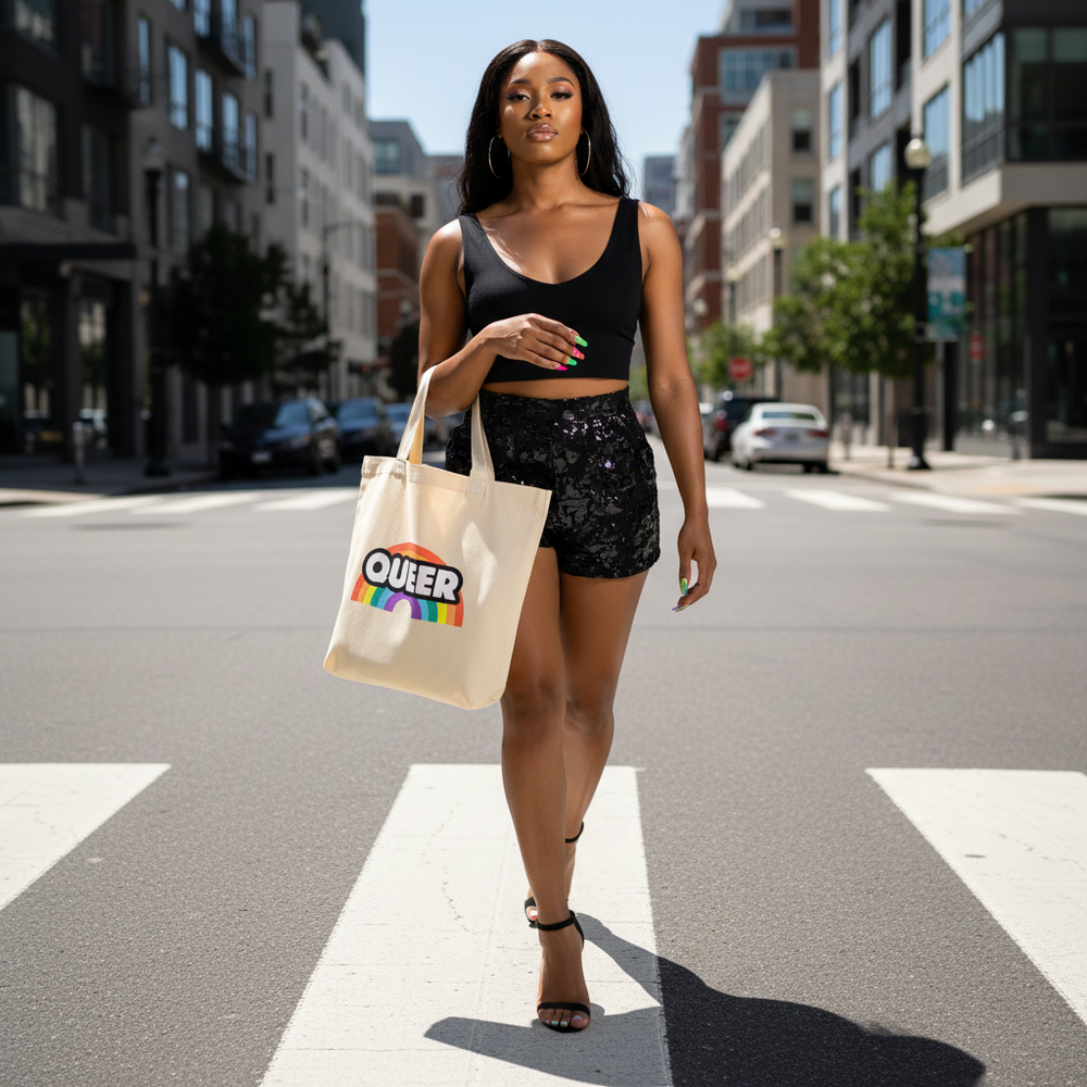 Model carries a natural canvas tote reading “QUEER” above a rainbow graphic